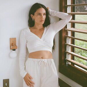 OZMA of California Dance Wrap Top, Regen Silk Noil Jersey, Natural, Medium